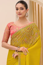 Mustard Yellow Satin Chiffon Embroidered Saree with Designer Blouse