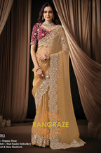 Gold Organza Tissue Sequins Embroidered Saree with Designer Blouse