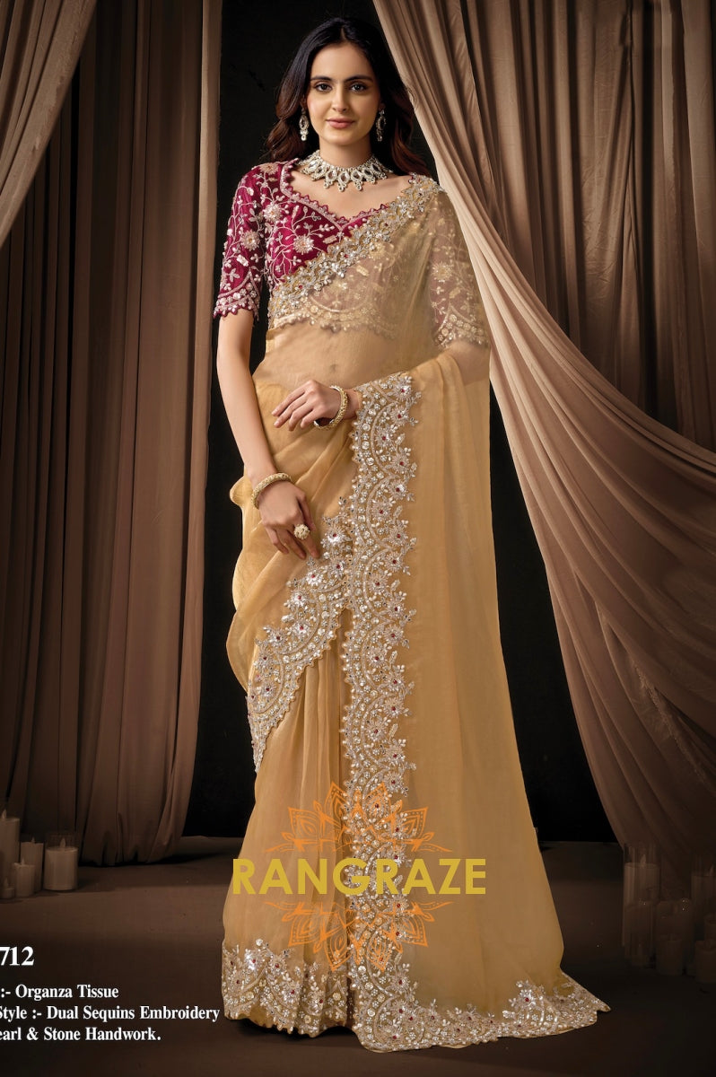 Gold Organza Tissue Sequins Embroidered Saree with Designer Blouse