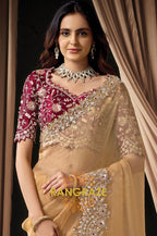 Gold Organza Tissue Sequins Embroidered Saree with Designer Blouse