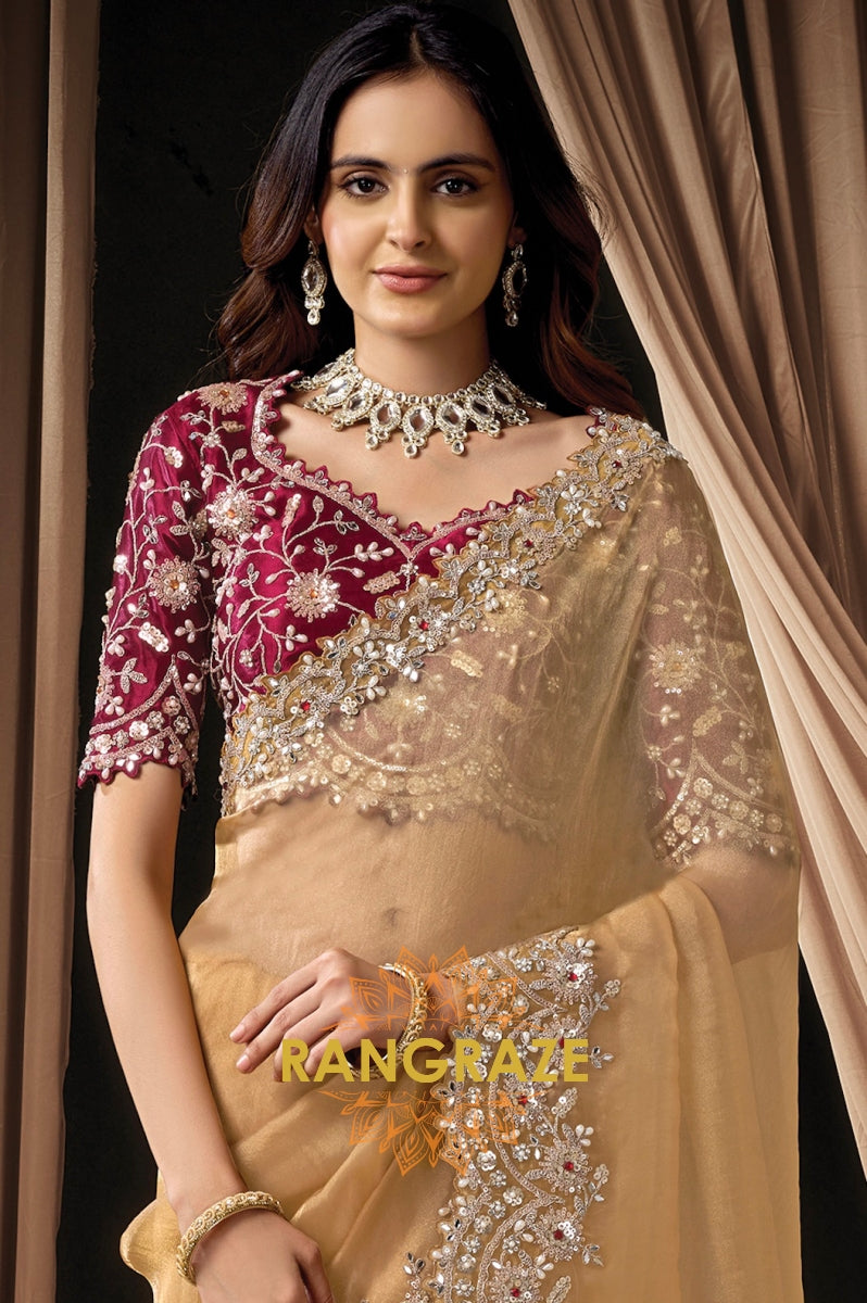 Gold Organza Tissue Sequins Embroidered Saree with Designer Blouse