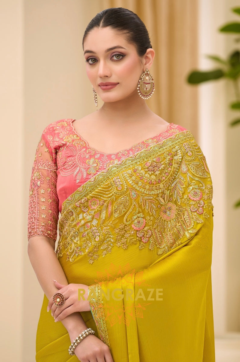 Mustard Yellow Satin Chiffon Embroidered Saree with Designer Blouse