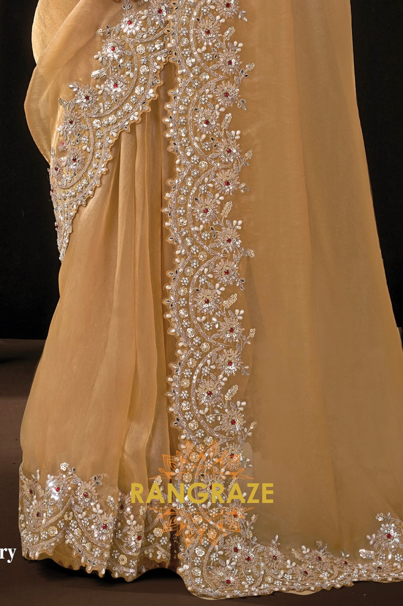 Gold Organza Tissue Sequins Embroidered Saree with Designer Blouse