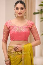 Mustard Yellow Satin Chiffon Embroidered Saree with Designer Blouse