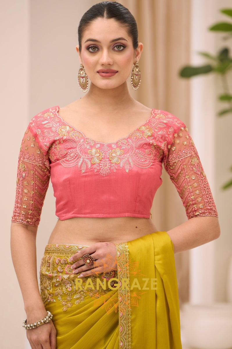 Mustard Yellow Satin Chiffon Embroidered Saree with Designer Blouse