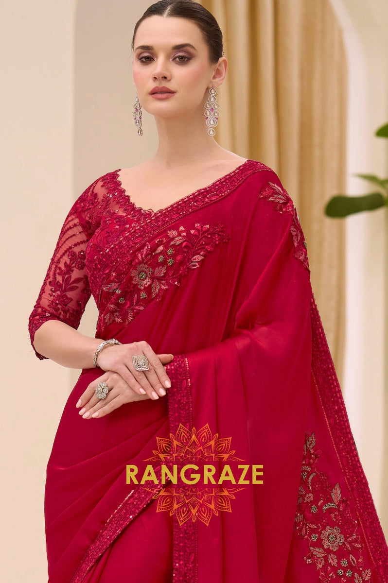 Elegant Red Satin Chiffon Embroidery Saree with Designer Blouse