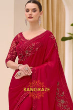 Elegant Red Satin Chiffon Embroidery Saree with Designer Blouse