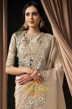 Champagne Zari Organza Satin Embroidered Saree with Rajwadi Koti Blouse
