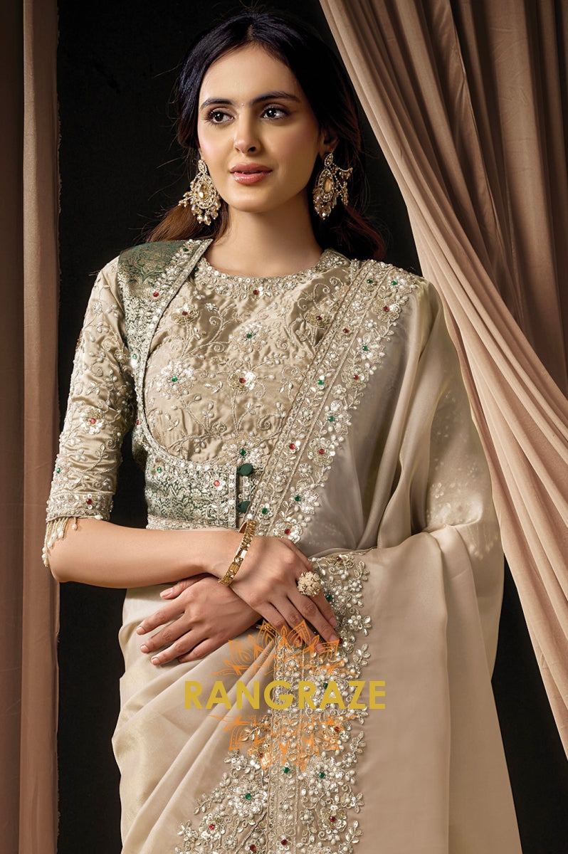 Champagne Zari Organza Satin Embroidered Saree with Rajwadi Koti Blouse