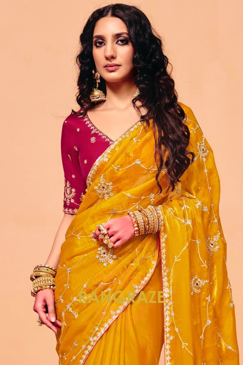 Mustard Gold Organza Satin Embroidered Saree with Contrast Blouse