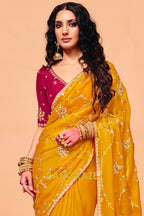 Mustard Gold Organza Satin Embroidered Saree with Contrast Blouse