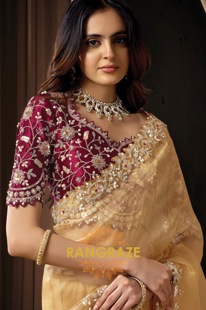 Gold Organza Tissue Sequins Embroidered Saree with Designer Blouse
