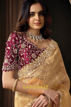 Gold Organza Tissue Sequins Embroidered Saree with Designer Blouse