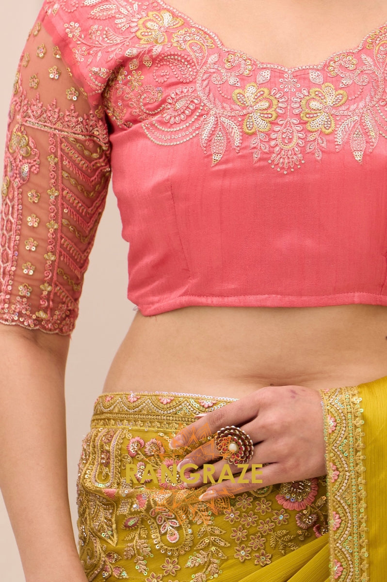Mustard Yellow Satin Chiffon Embroidered Saree with Designer Blouse