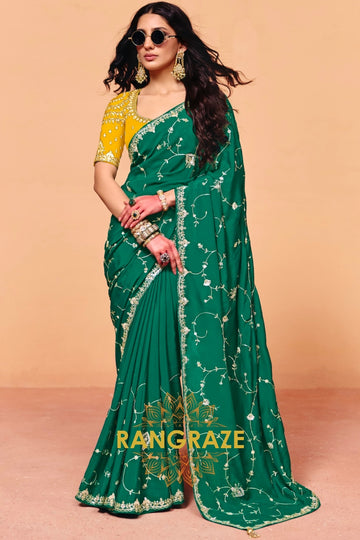 Emerald Green Organza Satin Embroidered Saree with Mustard Contrast Blouse