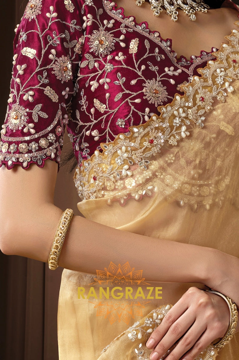 Gold Organza Tissue Sequins Embroidered Saree with Designer Blouse