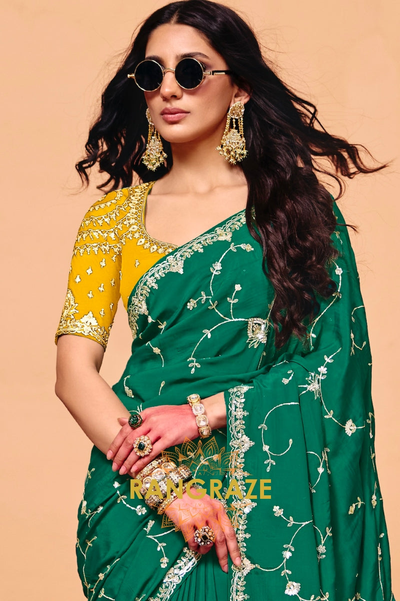 Emerald Green Organza Satin Embroidered Saree with Mustard Contrast Blouse