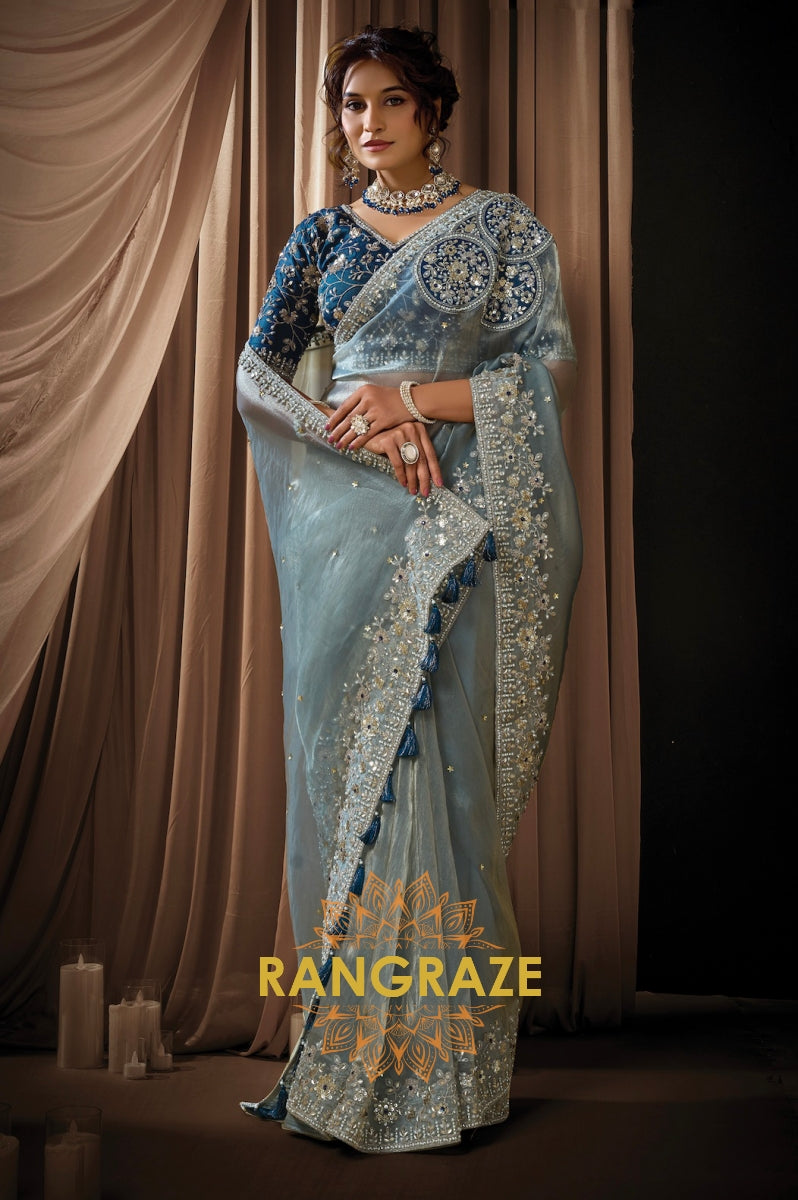Powder Blue Organza Satin Silk Embroidered Saree with Designer Blouse