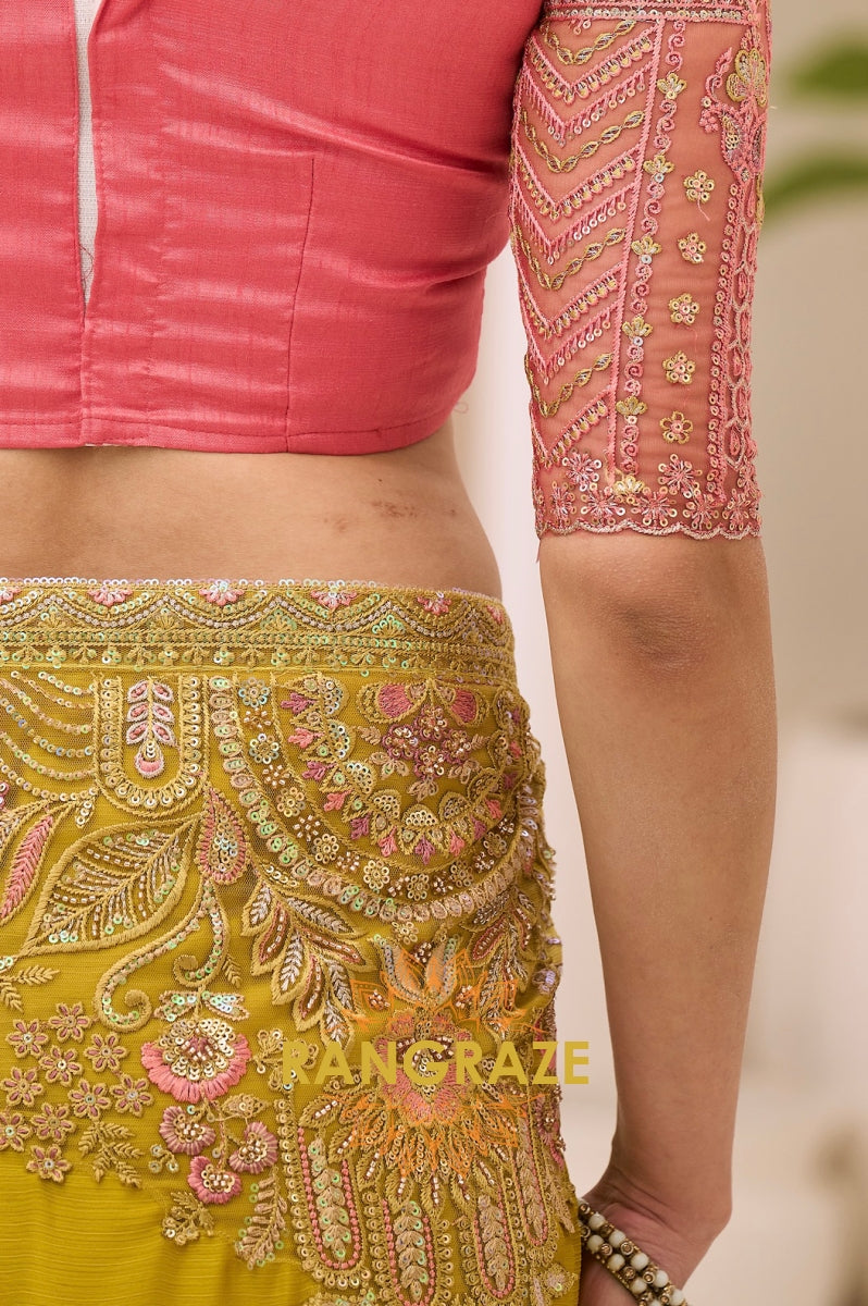 Mustard Yellow Satin Chiffon Embroidered Saree with Designer Blouse