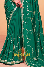 Emerald Green Organza Satin Embroidered Saree with Mustard Contrast Blouse