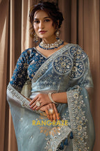 Powder Blue Organza Satin Silk Embroidered Saree with Designer Blouse