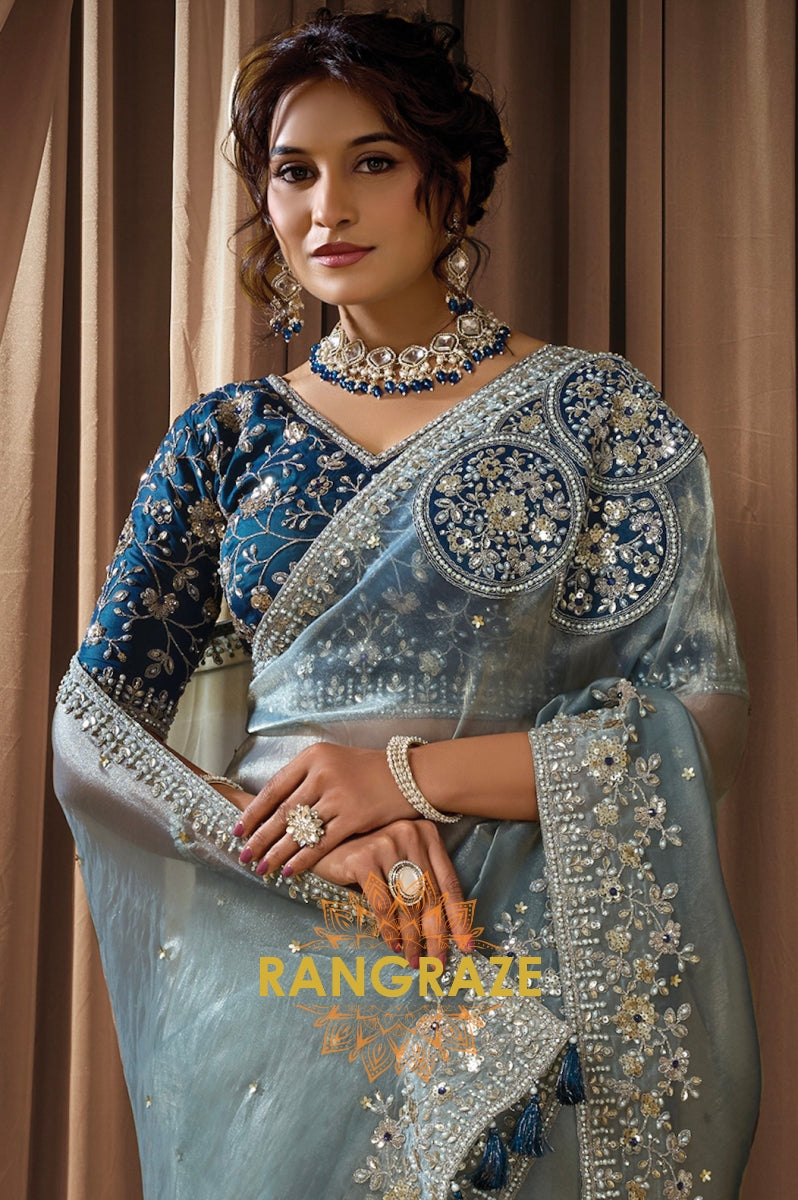 Powder Blue Organza Satin Silk Embroidered Saree with Designer Blouse