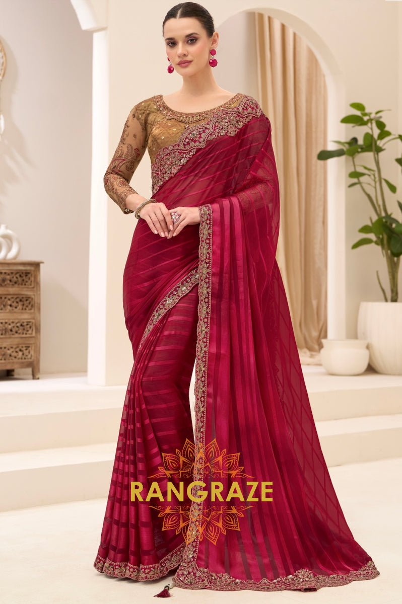 Wine Red Premium Georgette Embroidered Saree