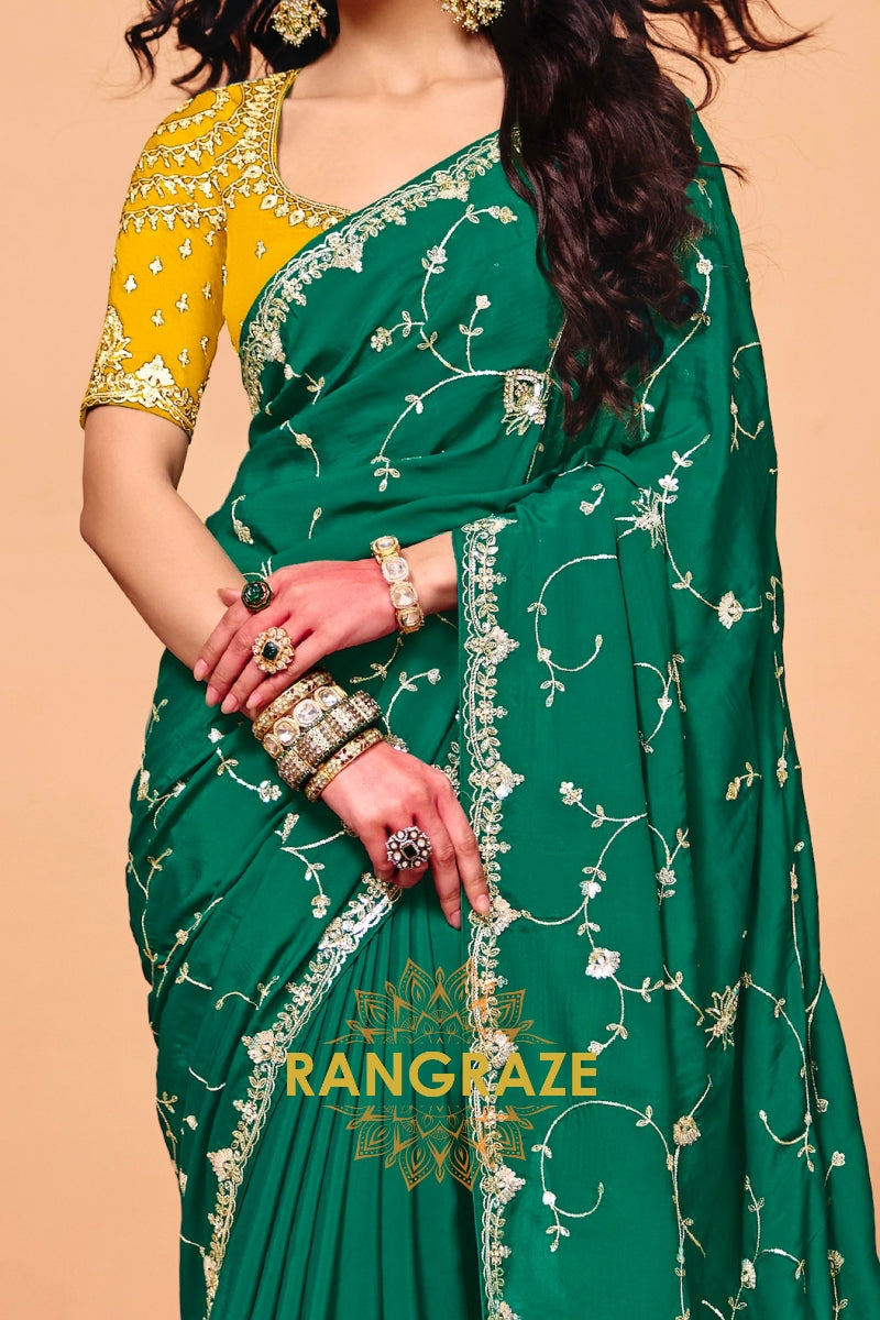 Emerald Green Organza Satin Embroidered Saree with Mustard Contrast Blouse