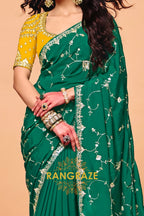 Emerald Green Organza Satin Embroidered Saree with Mustard Contrast Blouse