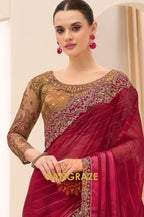 Wine Red Premium Georgette Embroidered Saree