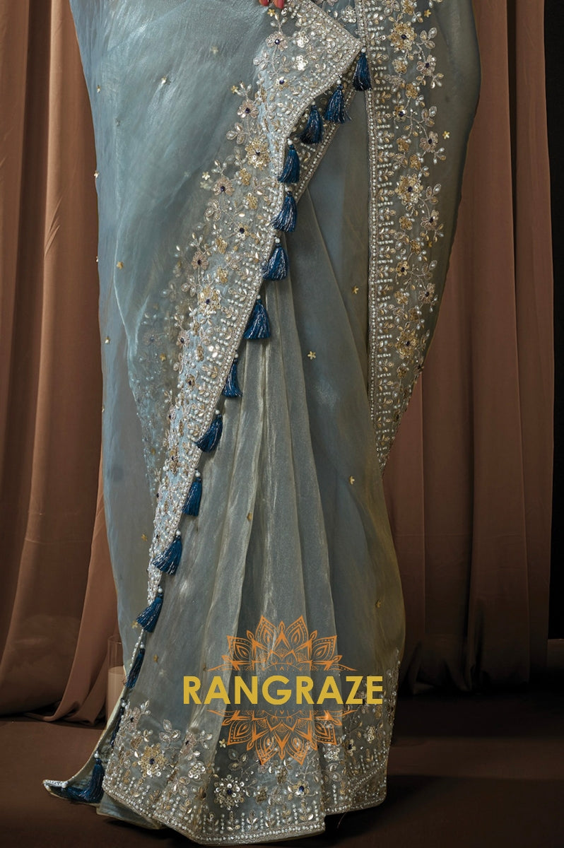 Powder Blue Organza Satin Silk Embroidered Saree with Designer Blouse