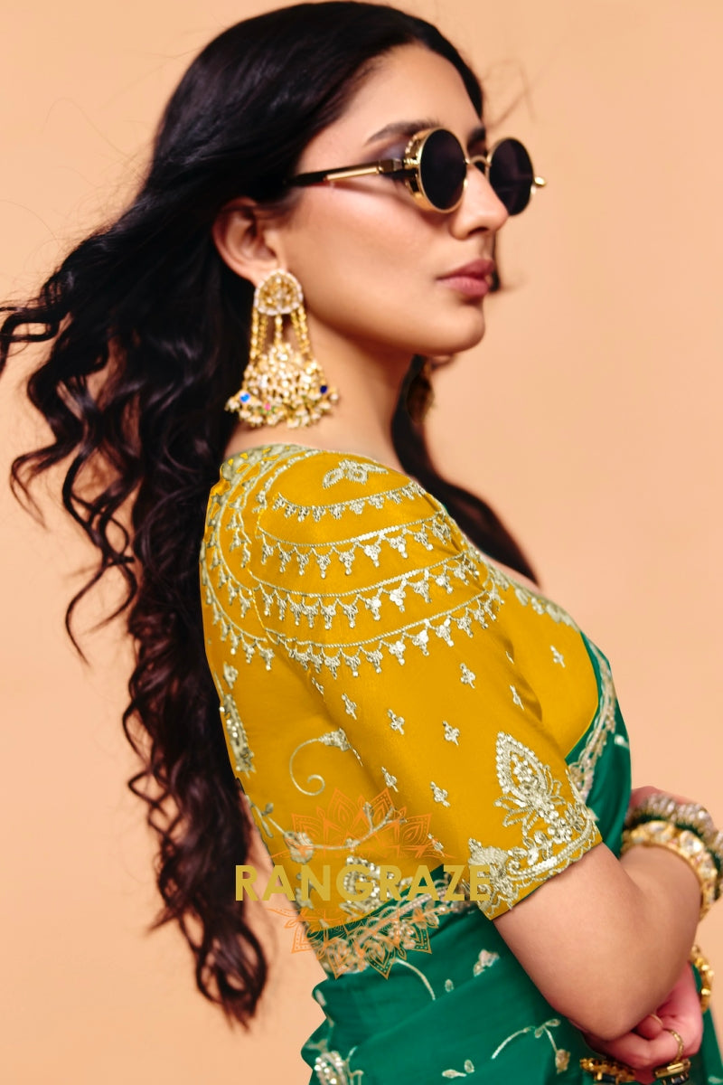 Emerald Green Organza Satin Embroidered Saree with Mustard Contrast Blouse