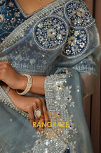 Powder Blue Organza Satin Silk Embroidered Saree with Designer Blouse