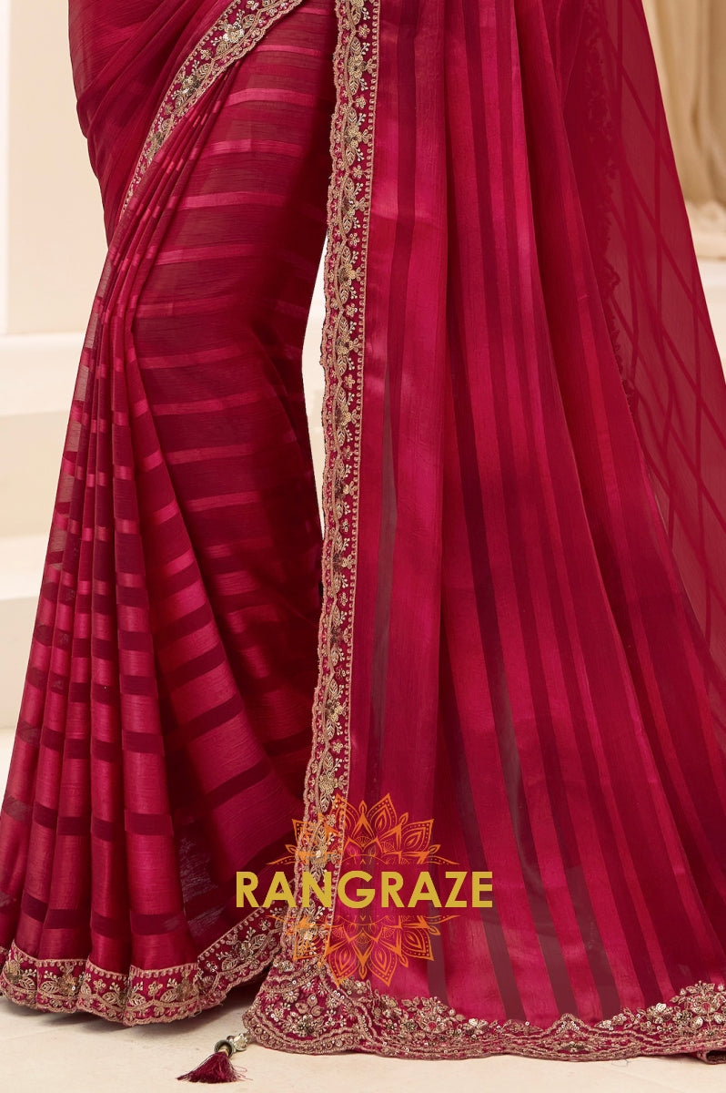 Wine Red Premium Georgette Embroidered Saree