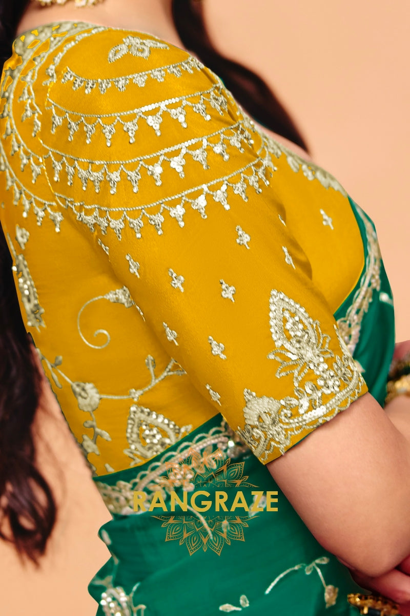 Emerald Green Organza Satin Embroidered Saree with Mustard Contrast Blouse