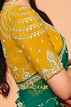 Emerald Green Organza Satin Embroidered Saree with Mustard Contrast Blouse