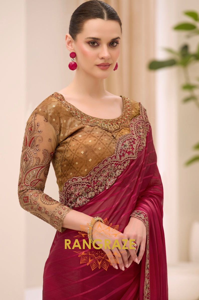 Wine Red Premium Georgette Embroidered Saree