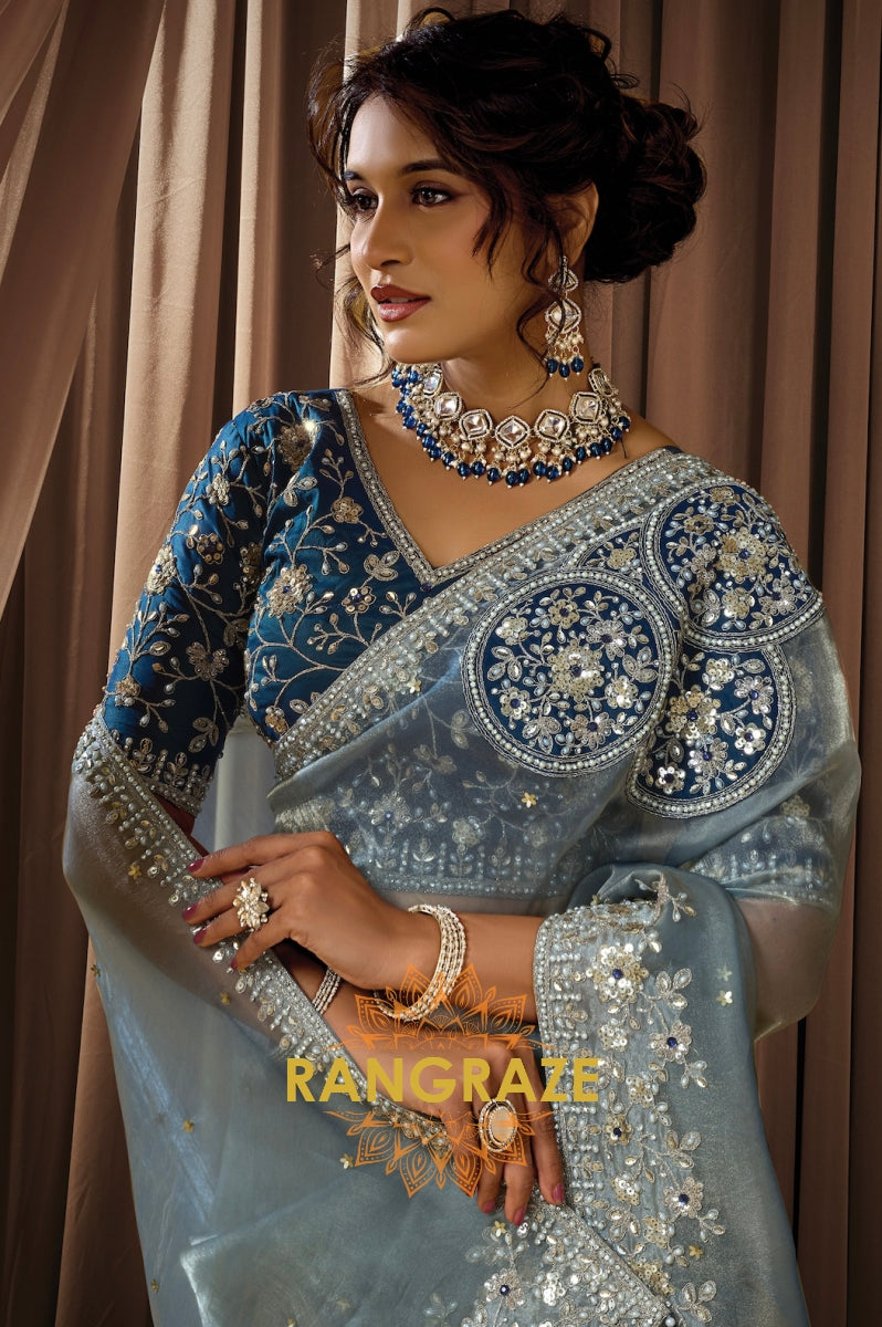 Powder Blue Organza Satin Silk Embroidered Saree with Designer Blouse