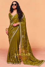 Olive Organza Satin Embroidered Saree with Contrast Blouse