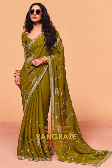 Olive Organza Satin Embroidered Saree with Contrast Blouse