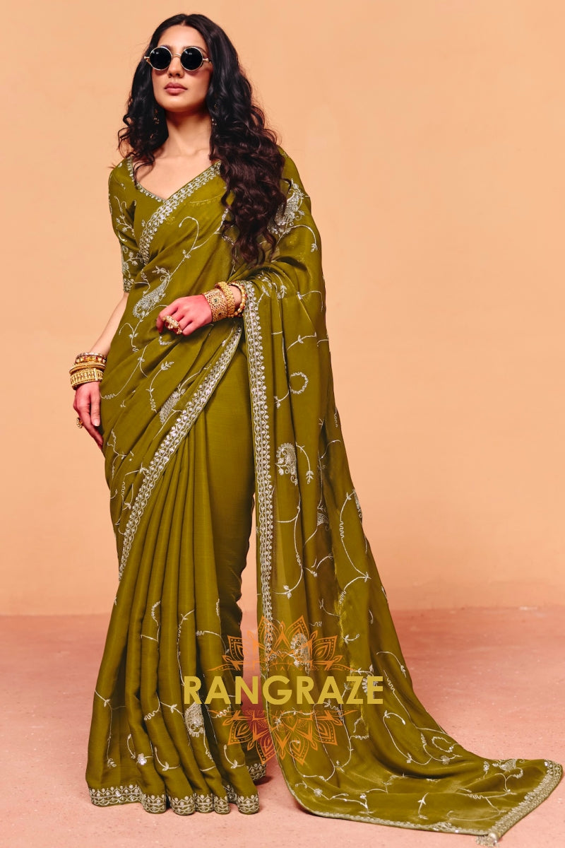 Olive Organza Satin Embroidered Saree with Contrast Blouse