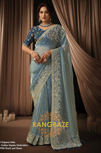 Powder Blue Organza Satin Silk Embroidered Saree with Designer Blouse