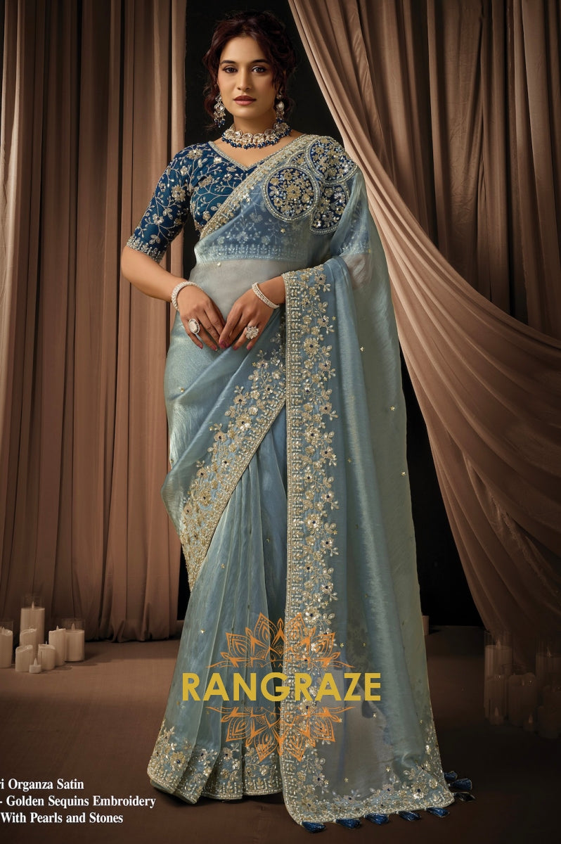 Powder Blue Organza Satin Silk Embroidered Saree with Designer Blouse