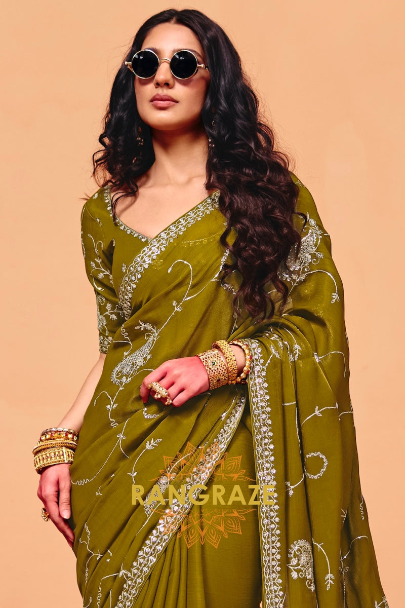Olive Organza Satin Embroidered Saree with Contrast Blouse