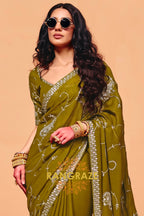 Olive Organza Satin Embroidered Saree with Contrast Blouse