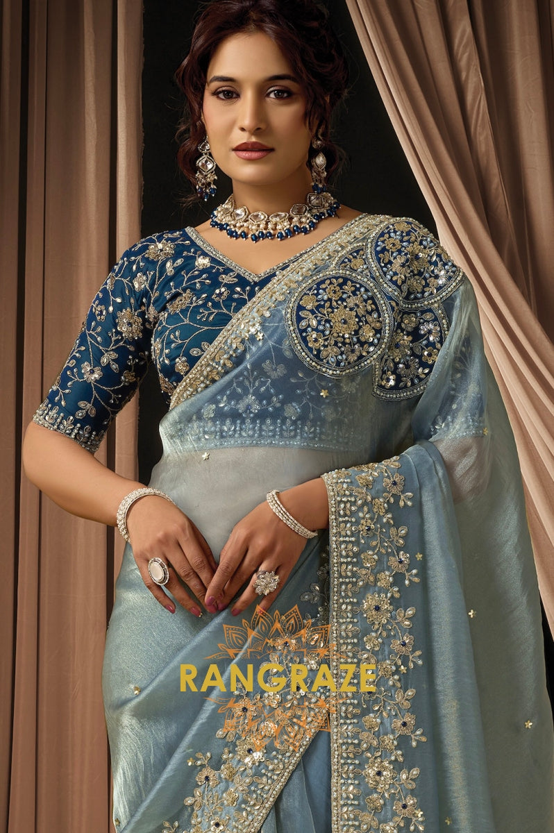 Powder Blue Organza Satin Silk Embroidered Saree with Designer Blouse