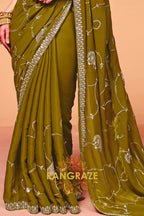 Olive Organza Satin Embroidered Saree with Contrast Blouse