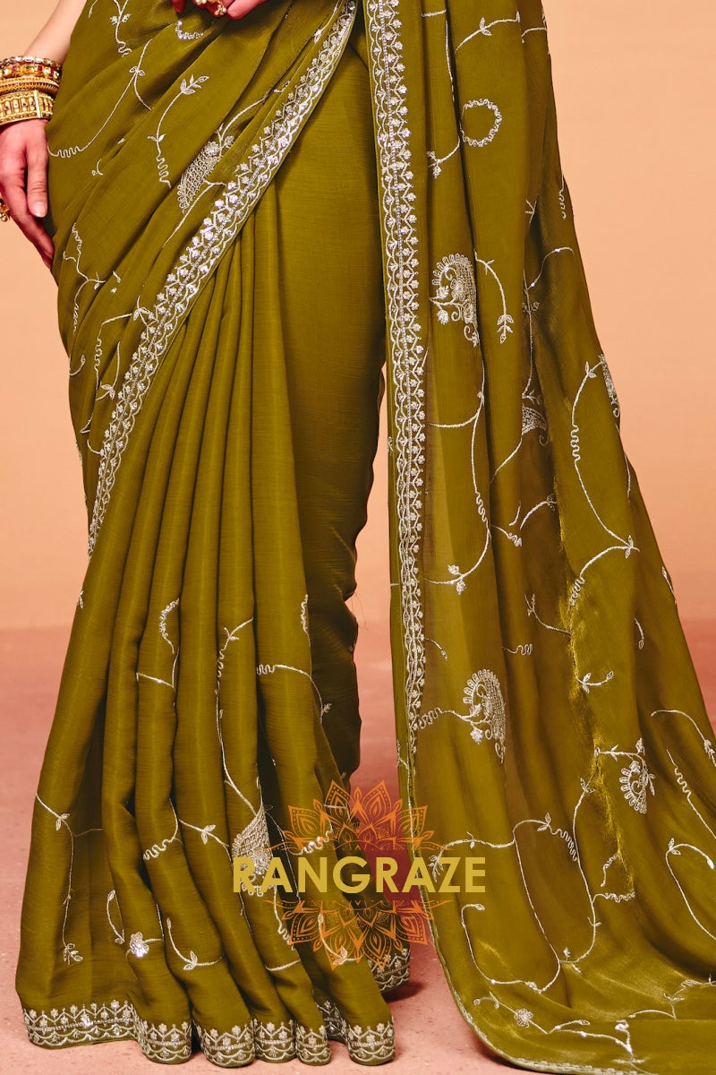 Olive Organza Satin Embroidered Saree with Contrast Blouse