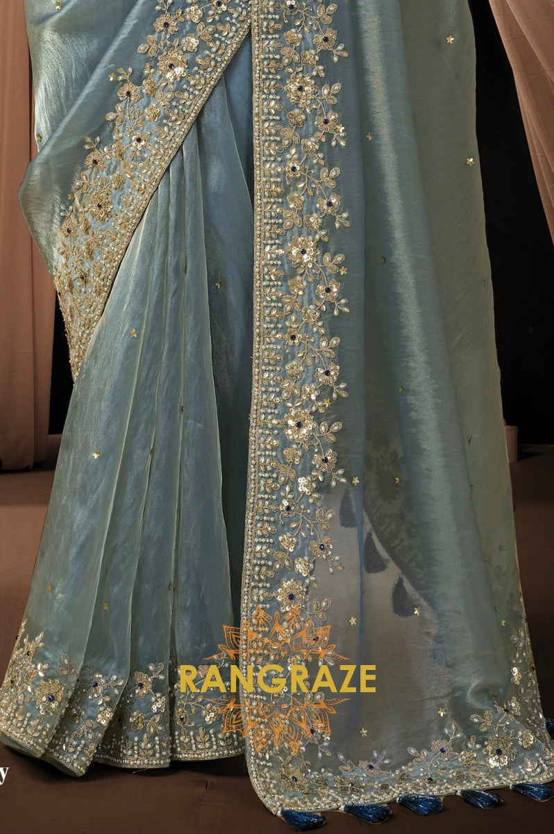 Powder Blue Organza Satin Silk Embroidered Saree with Designer Blouse