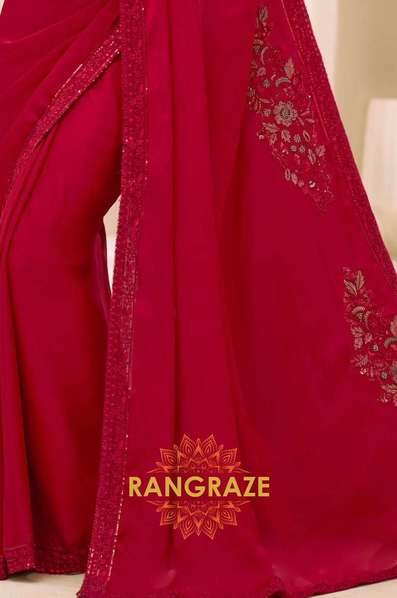 Elegant Red Satin Chiffon Embroidery Saree with Designer Blouse